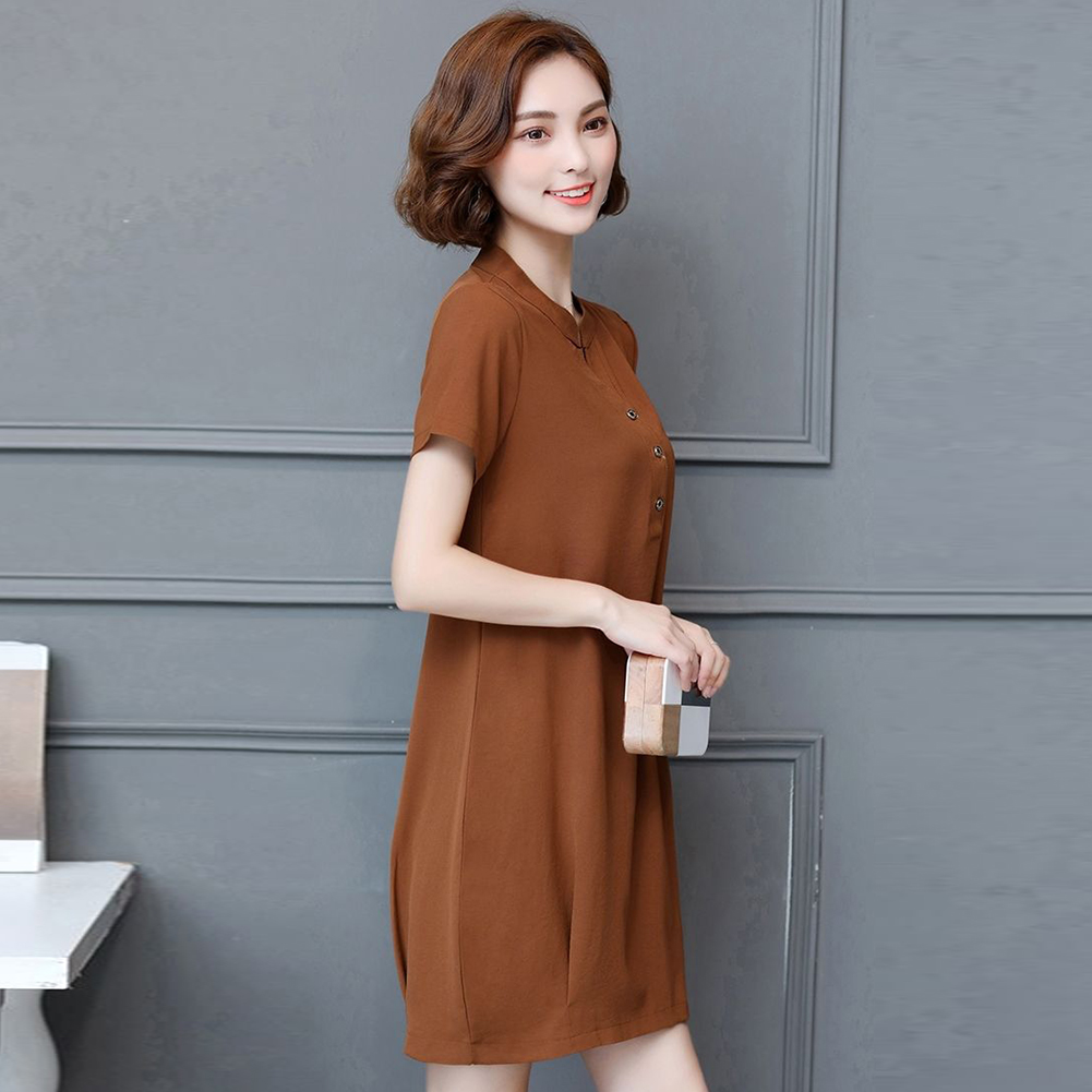 Women's V-neck Short Sleeve Solid Color Loose Skirt Long Dress