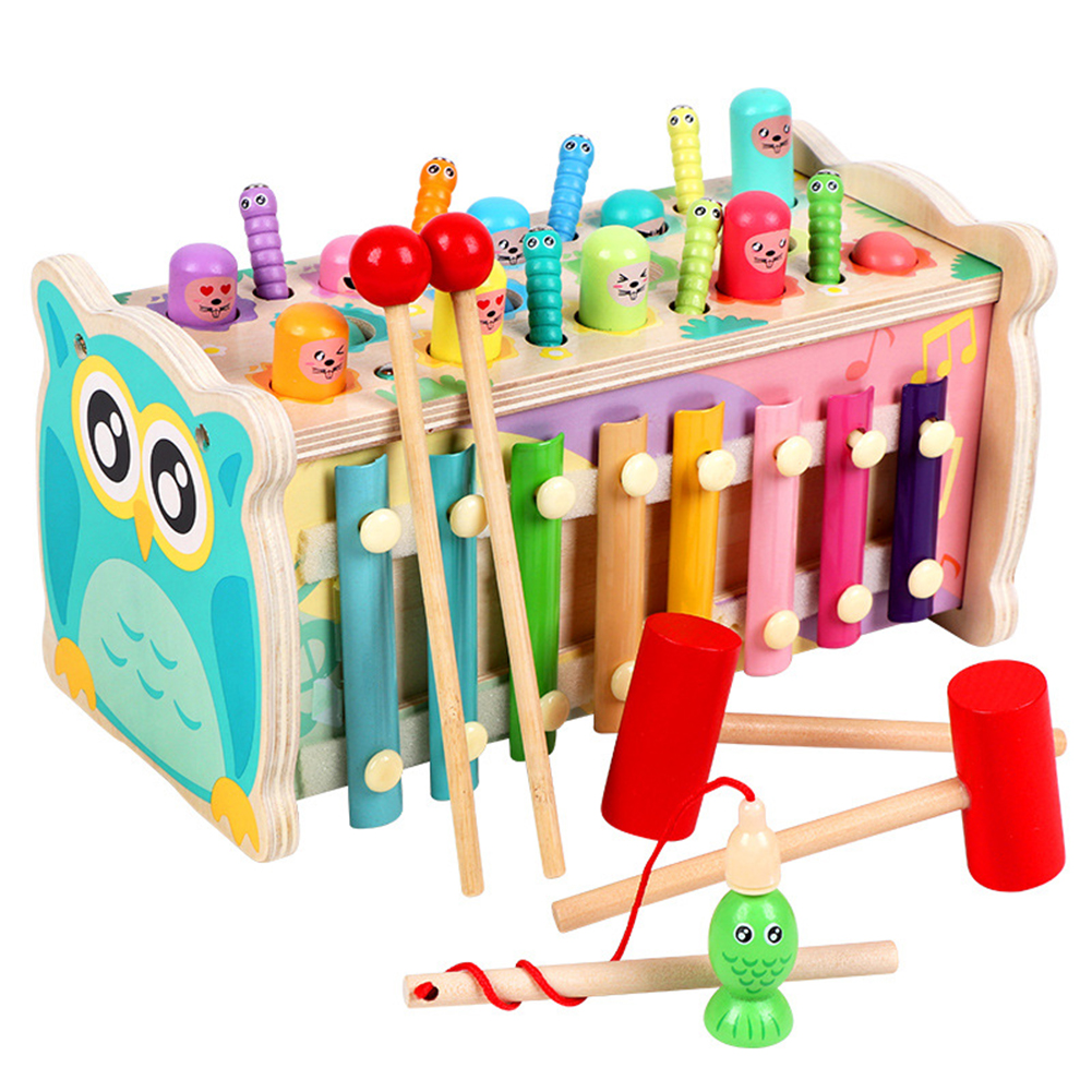 木製 おもちゃ 多機能 フクロウ ネズミ退治/虫取り/釣り おもちゃ ノッキング 木琴 知育玩具 ギフト