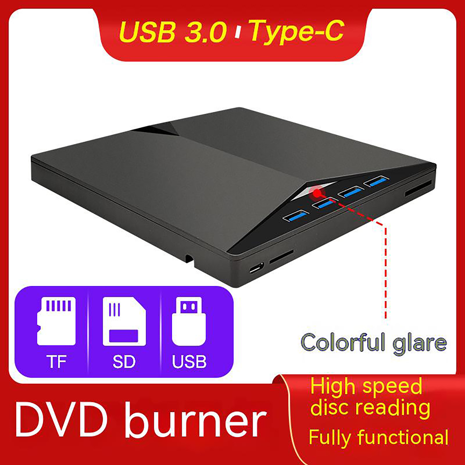 Type-c 3.0 外付け光学ドライブ ポータブル DVD/CD プレーヤー 多機能レコーダー バーナー マルチ インターフェイス カード リーダー