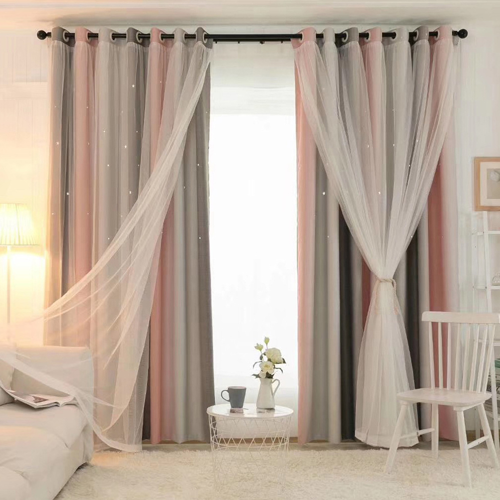 Details About Hollowed Out Bedroom Double Layer Window Curtain Star Hollow Tulle Curtains