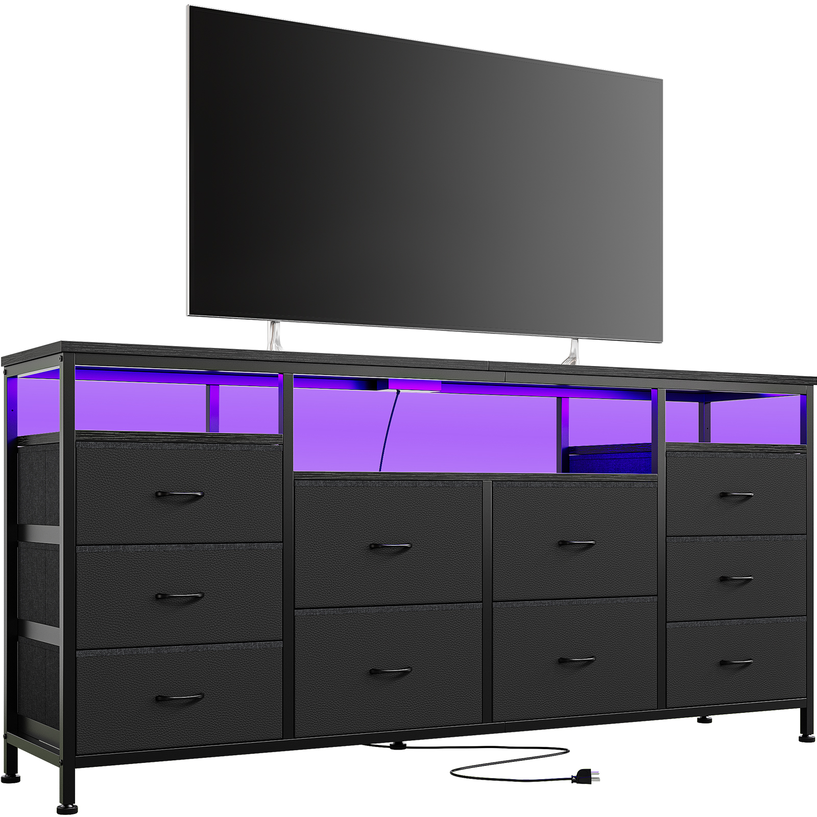 63" Dresser for Bedroom, 10 Drawer Dresser TV Stand With Lights & Power Outlets - Picture 25 of 27