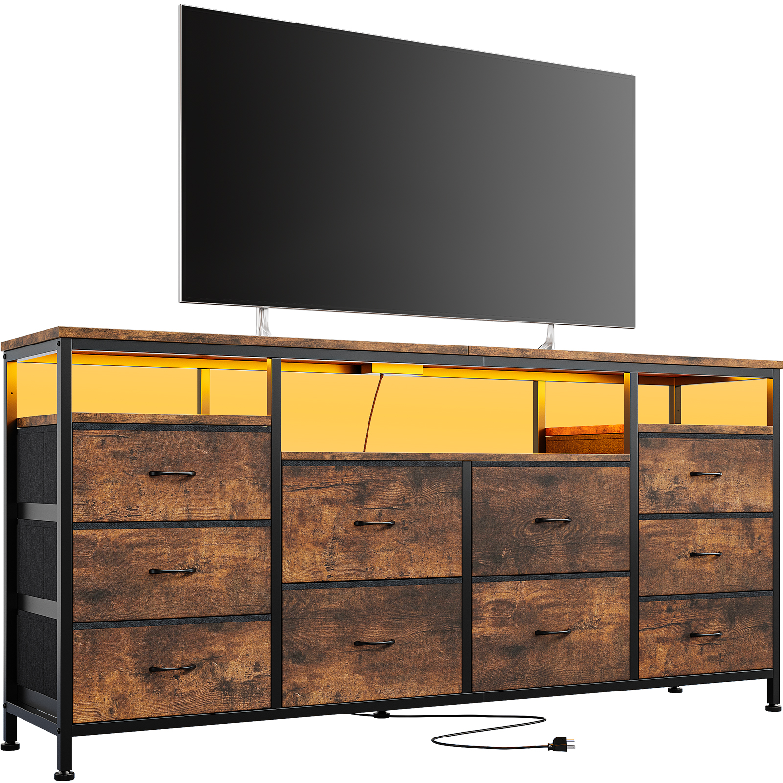 63" Dresser for Bedroom, 10 Drawer Dresser TV Stand With Lights & Power Outlets - Picture 27 of 27
