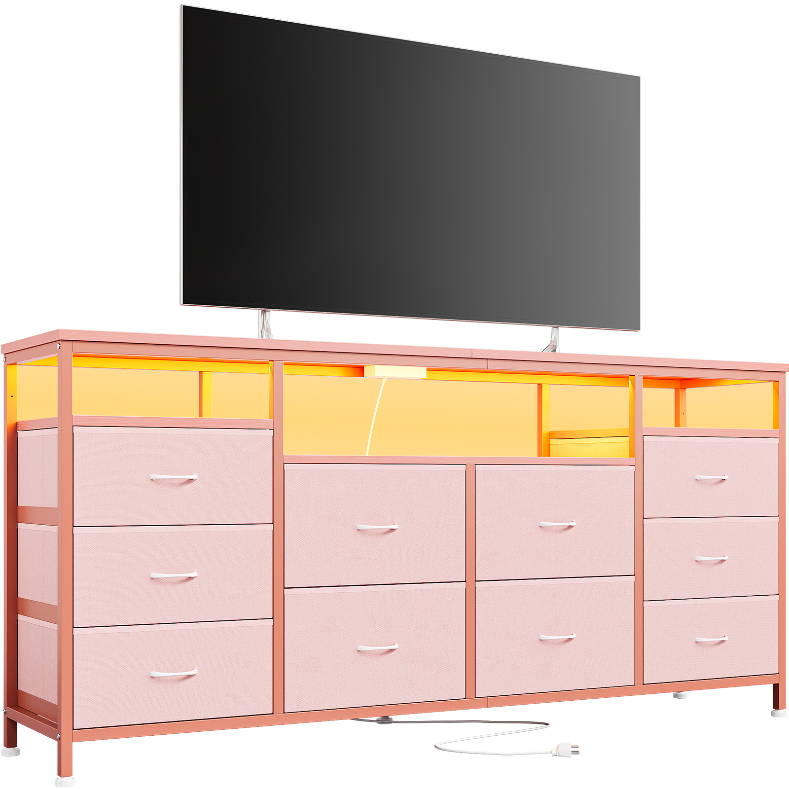 63" Dresser for Bedroom, 10 Drawer Dresser TV Stand With Lights & Power Outlets - Picture 26 of 27