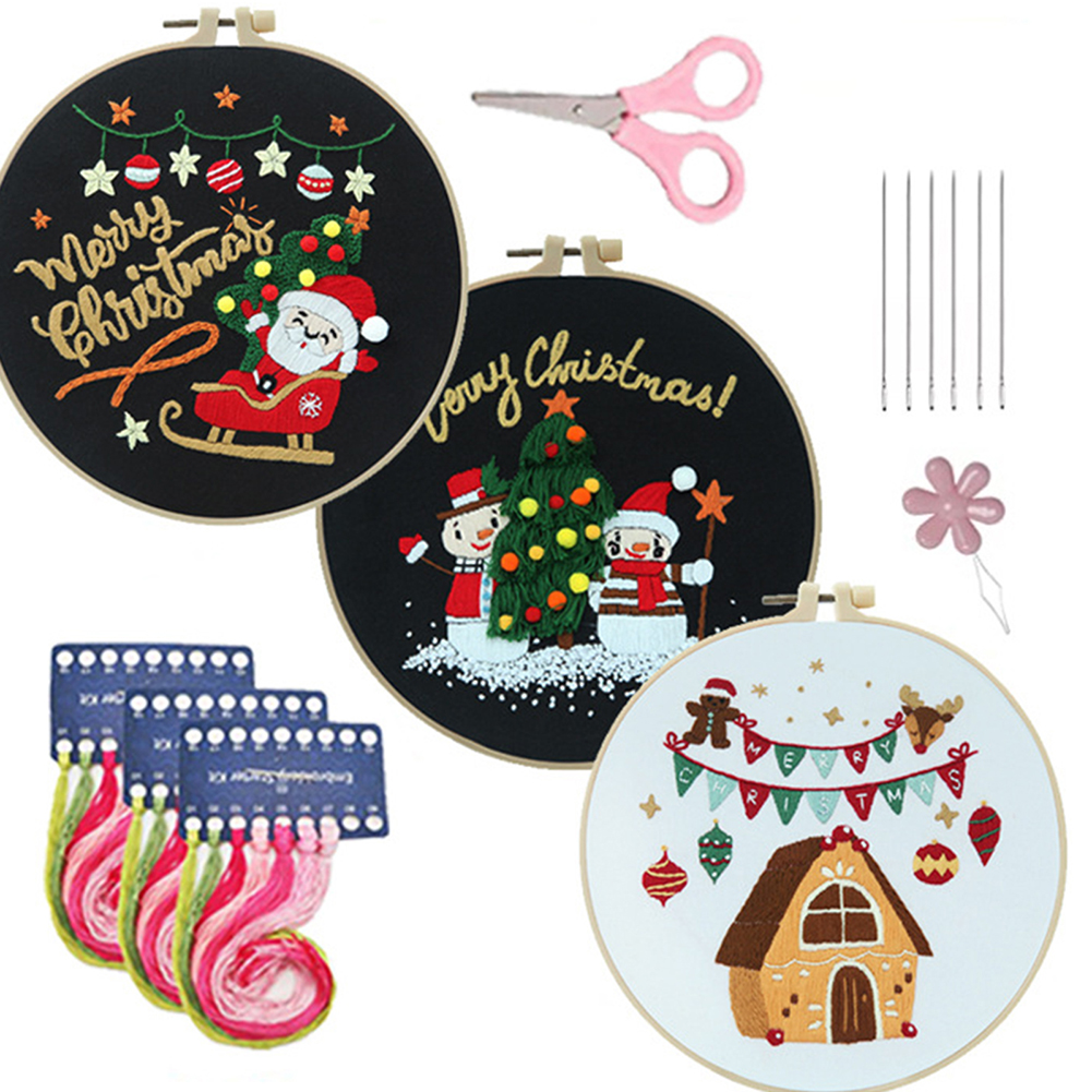 3 ピースクリスマス刺繍キットサンタ雪だるまパターン DIY クロスステッチキット調節可能な刺繍フープ付き女性趣味初心者のための