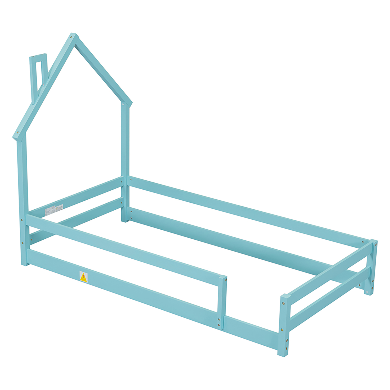 Wood Floor Bed Frame With House Shaped Headboard Guardrails Twin Size For Kids