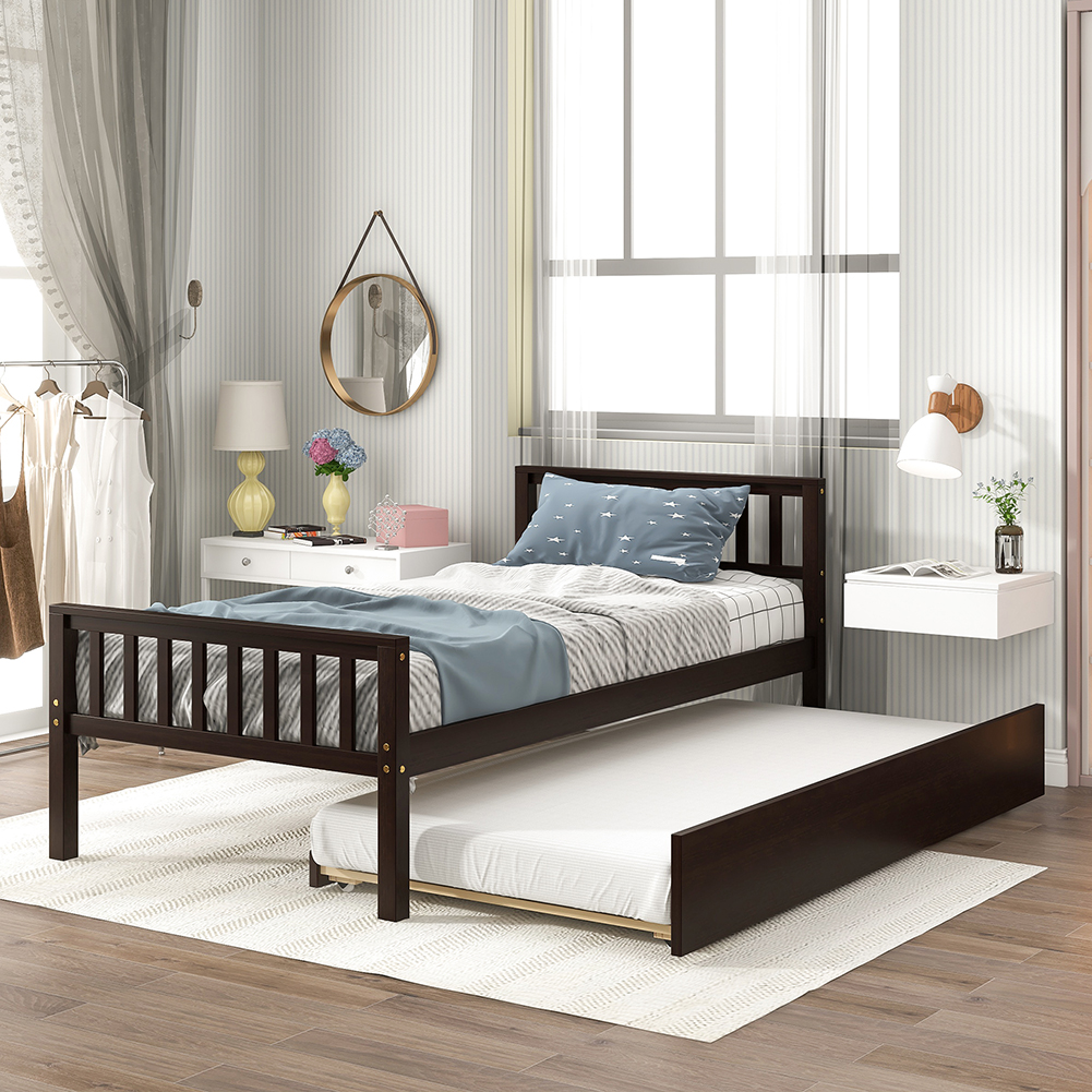 Twin Size Platform Bed Frame with Headboard Footboard & Rolling Pull out Trundle