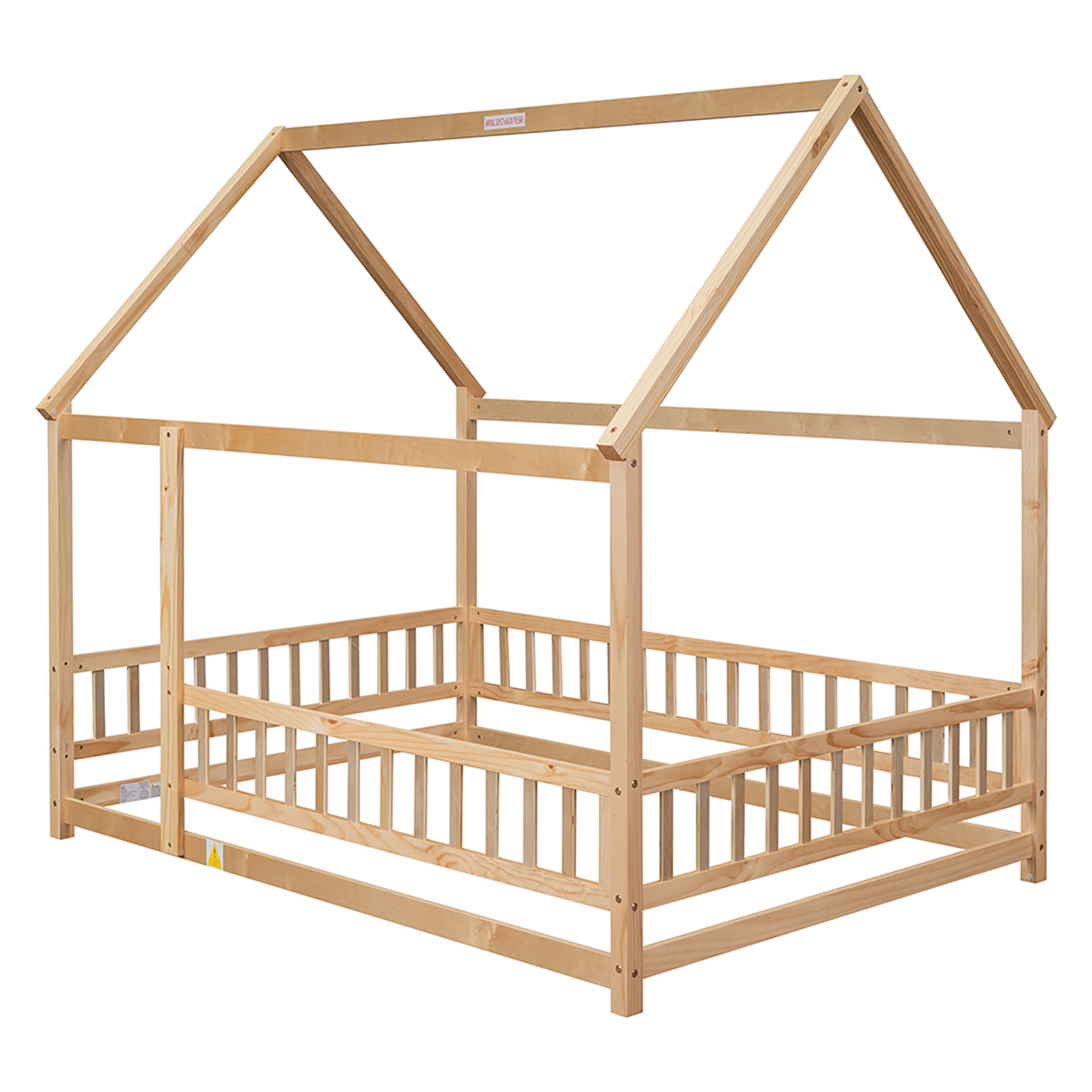Full Size House Floor Bed Frames Platform Bed With Roof Fence Guardrails US
