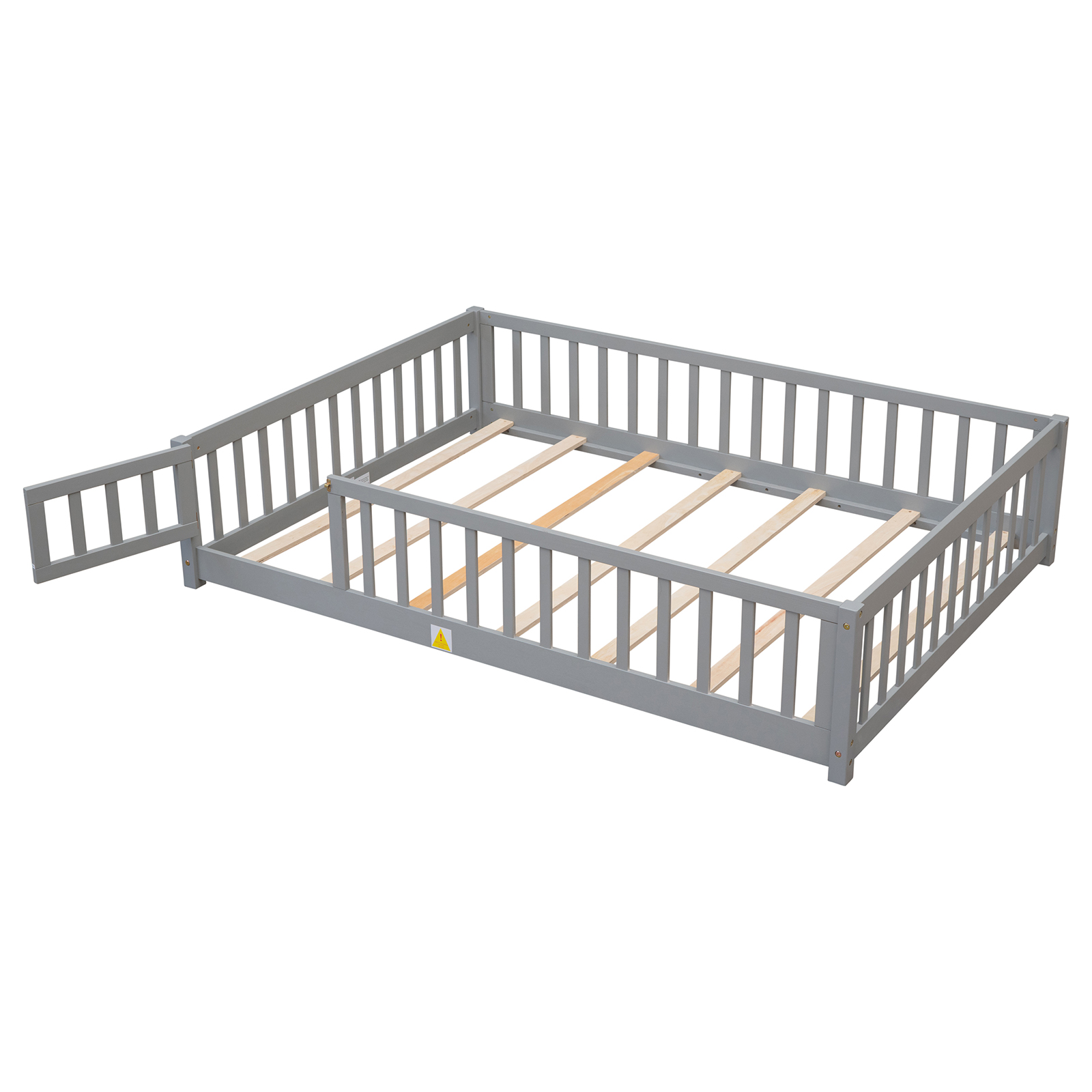 Full Size Wooden Floor Bed Frame Easy Assembly with Fence Door For kids Teens