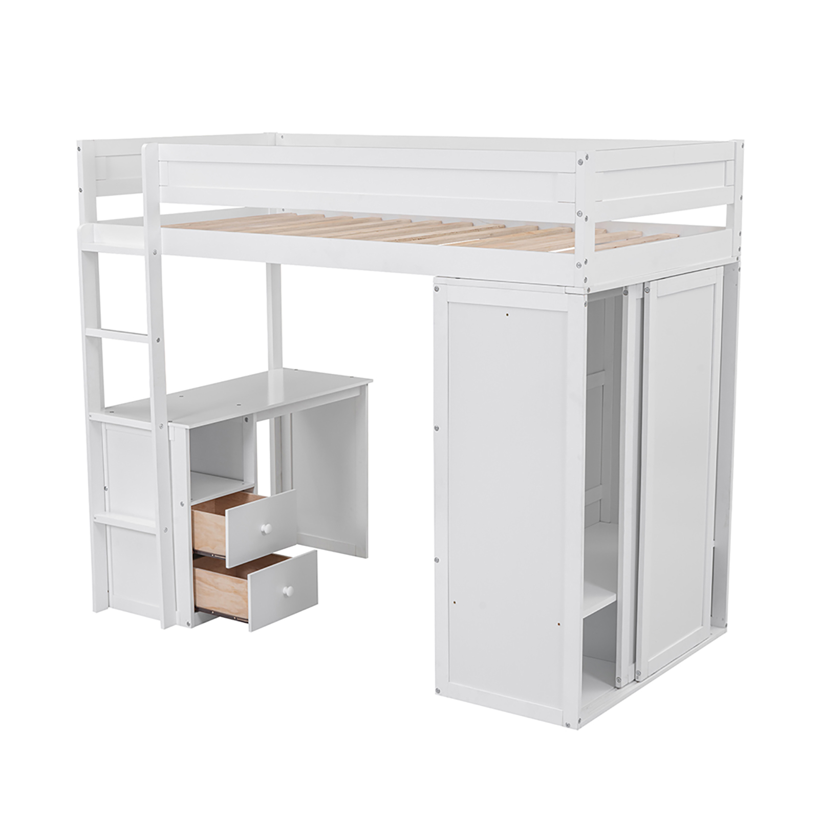 Wooden Loft Bed with Desk Storage Staircases Wardrobe Full Twin Size Bed Frames