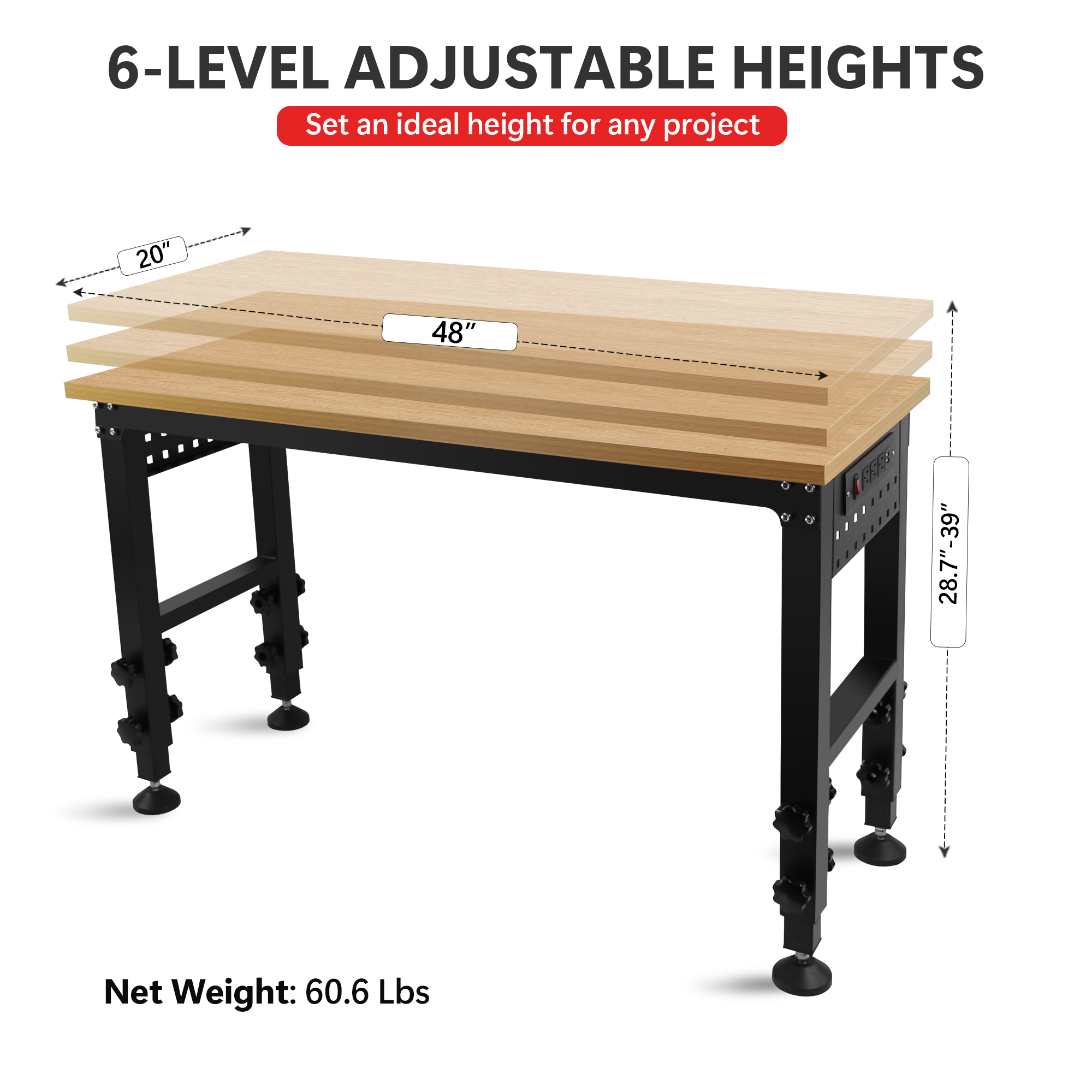 48" 60" 72" Adjustable Workbench Rolling Workstation with Power Outlets