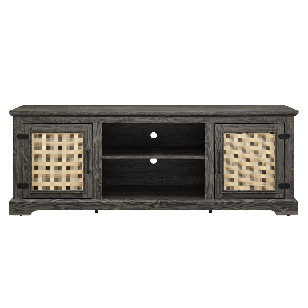 For 70"tvs Wooden Media Console With 2 Rattan Doors & Open S