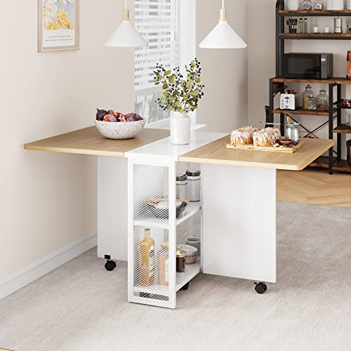Folding Dining Table with Drop Leaf & 2 Storage Racks Extendable for Small Space