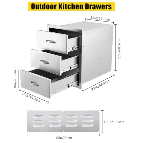 Outdoor Kitchen Drawer Stainless Steel Triple Storage Smooth