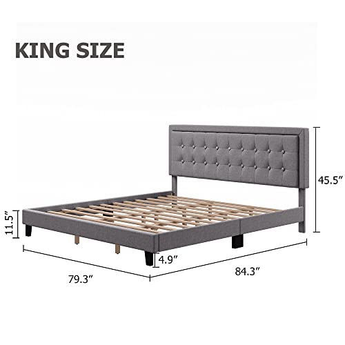 Full/Queen/King Size Upholstered Platform Bed Frame with Button Linen Headboard