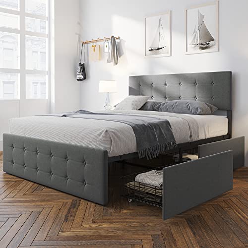 Full/Queen Size Platform Bed Frame With Headboard Upholstered 4 Drawers Storage