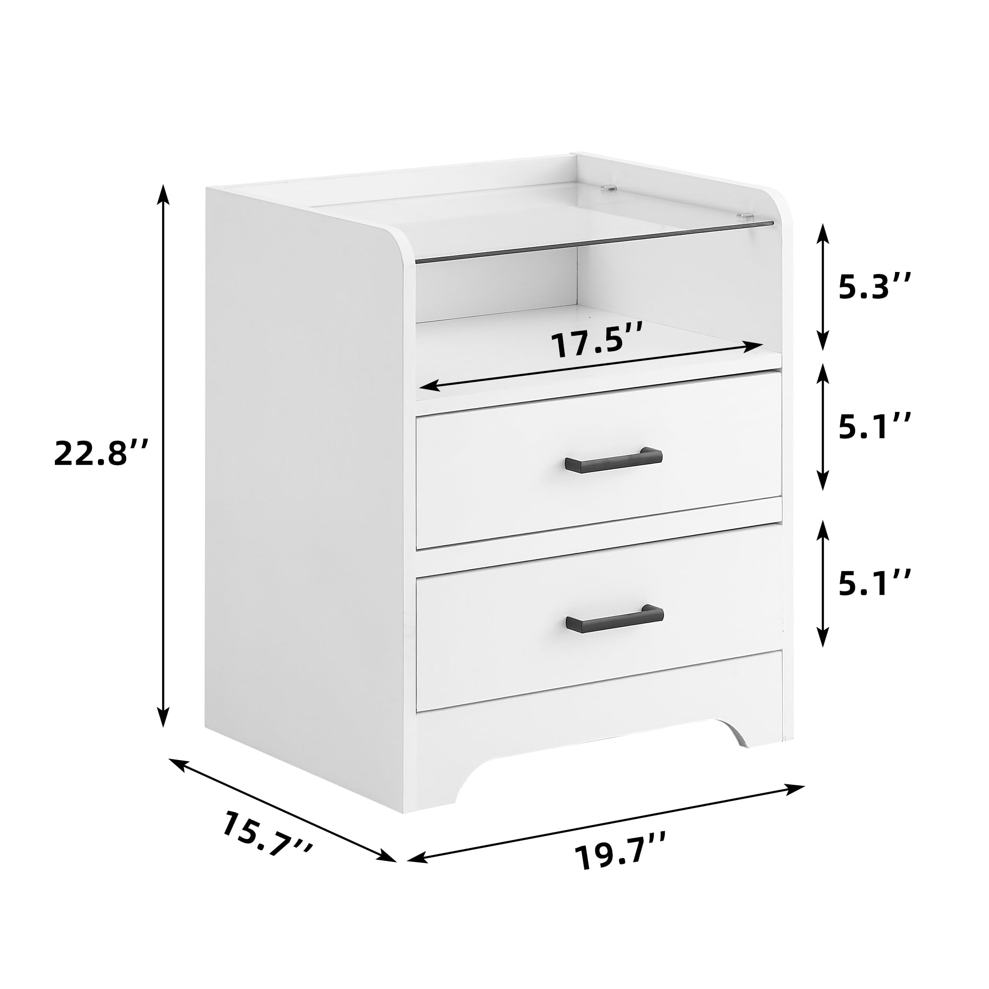 LED Nightstand With 2 Drawers, Modern Bedside Table With LED Light and Glass Top