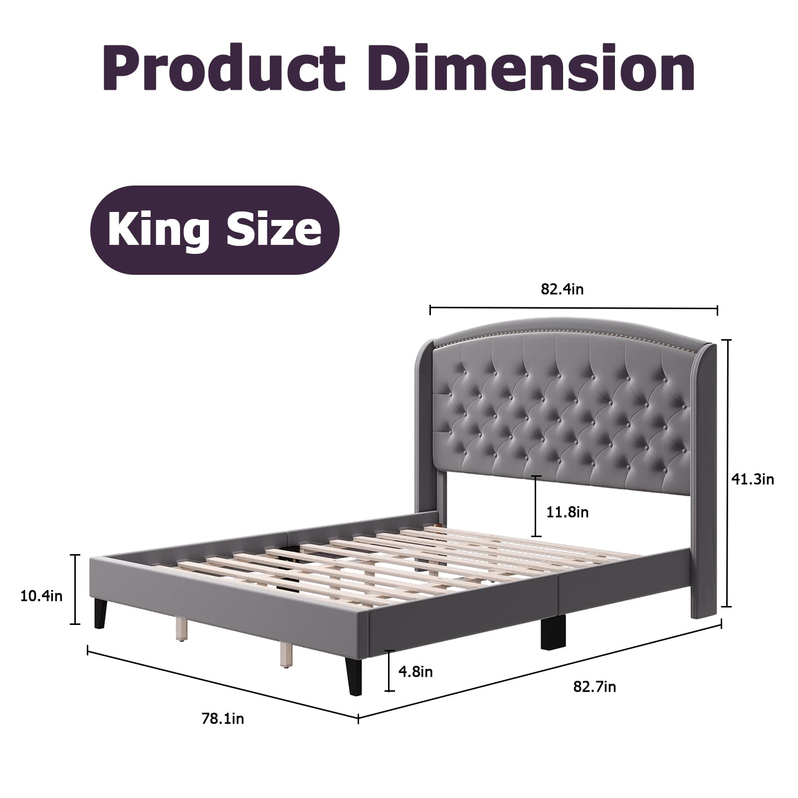 Upholstered Full/Queen/King Size Bed Frame Platform with Headboard Wooden Slat