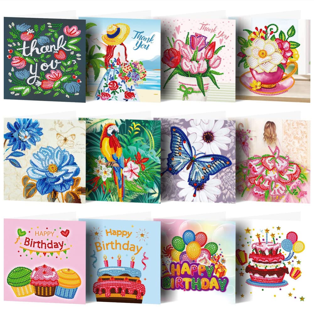 12pcs DIY Handmade Festival Greeting Cards Diamond Craft Drawing Birthday Cards