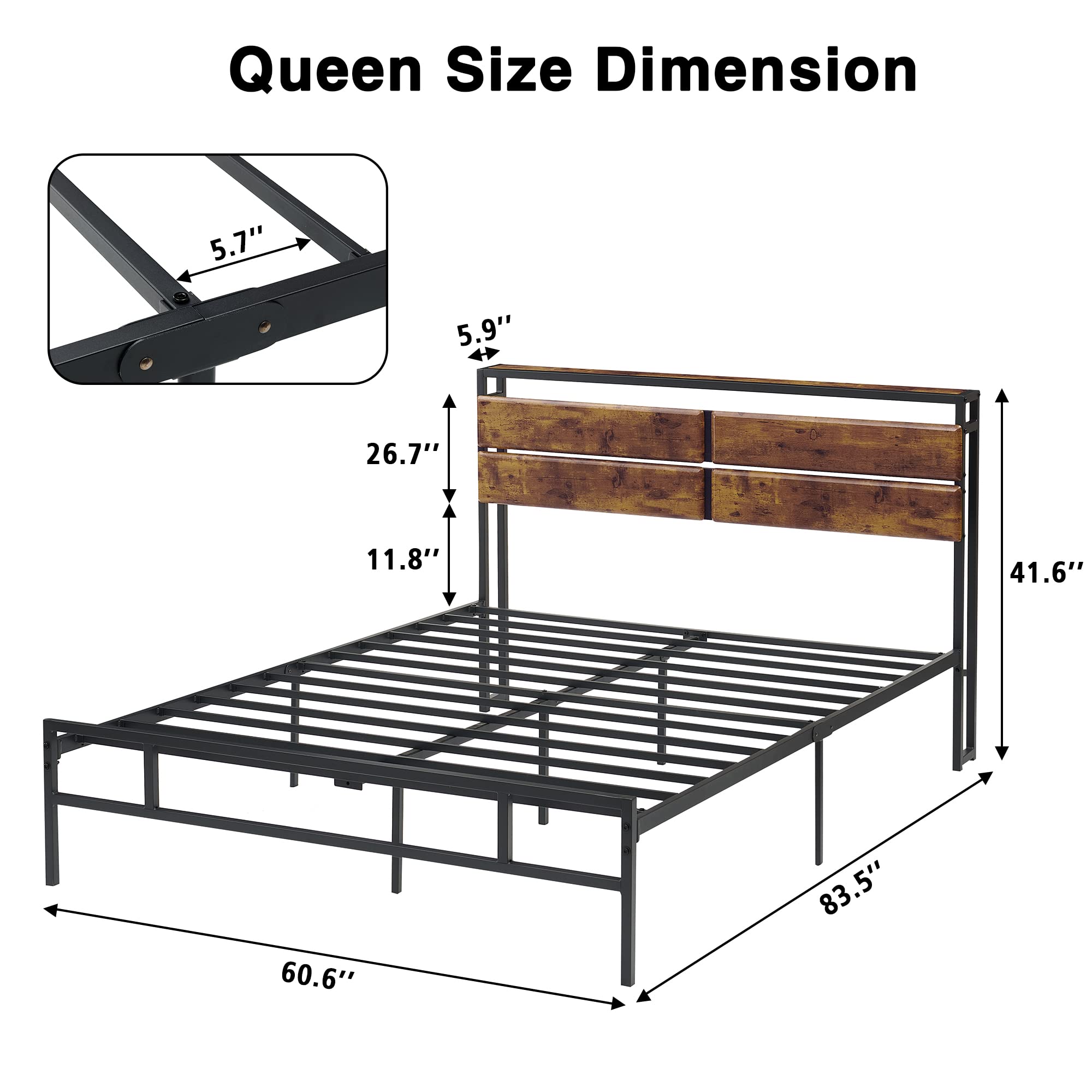 Full/Queen Size Bed Frame Metal Platform With Wooden Headboard Vintage Style