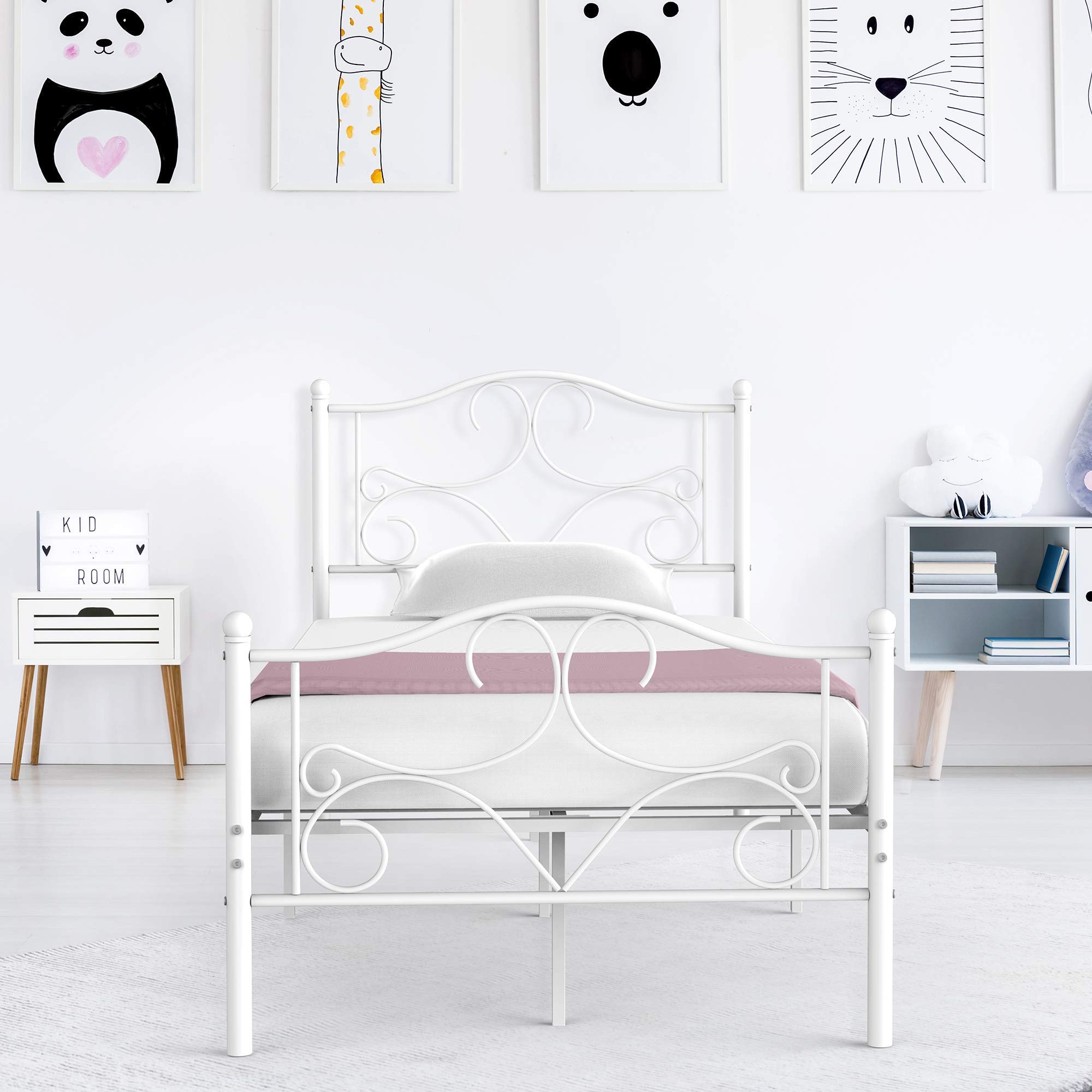 Metal Bed Frame With Curved Design Headboard and Footboard Twin Size For Kids