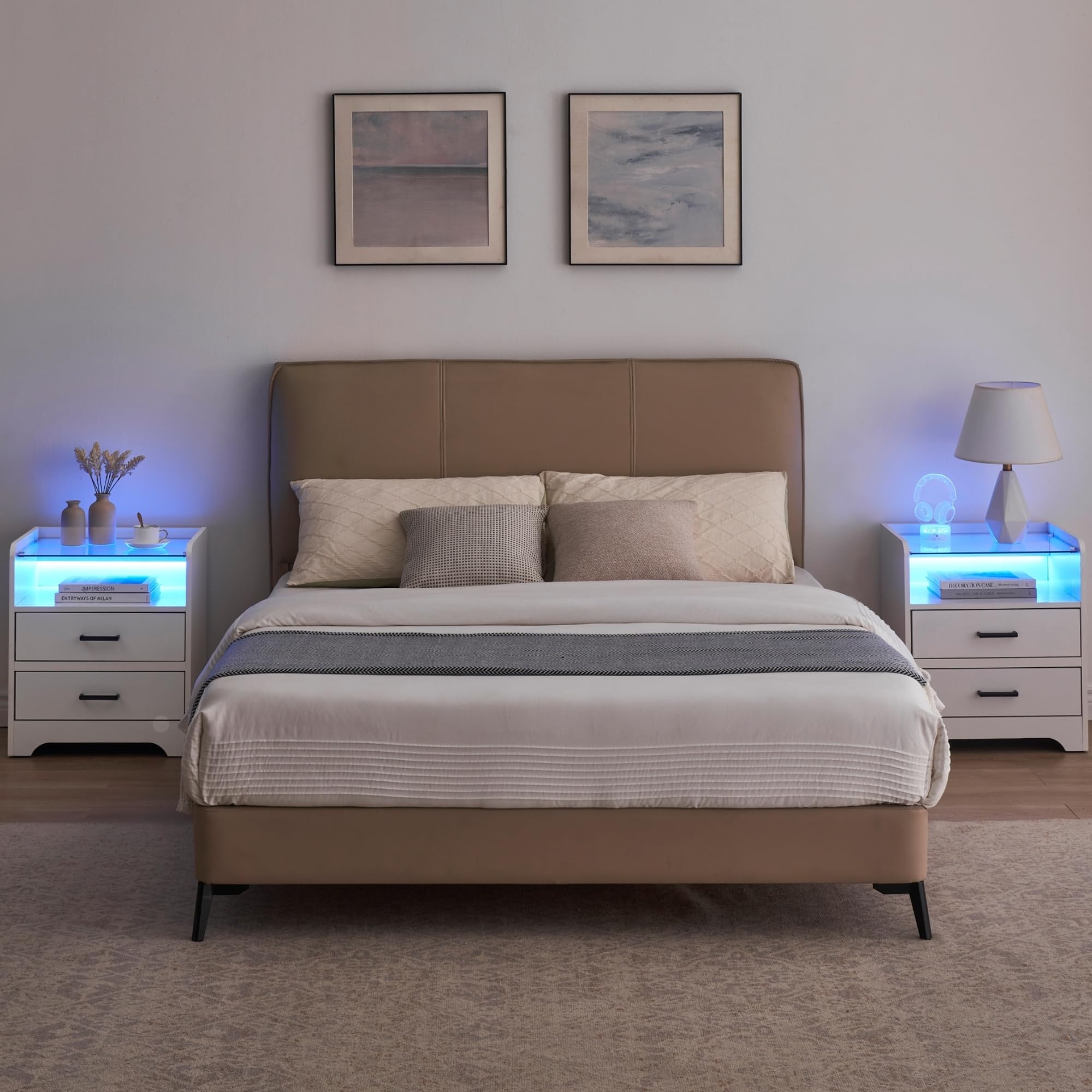 LED Nightstand With 2 Drawers, Modern Bedside Table With LED Light and Glass Top