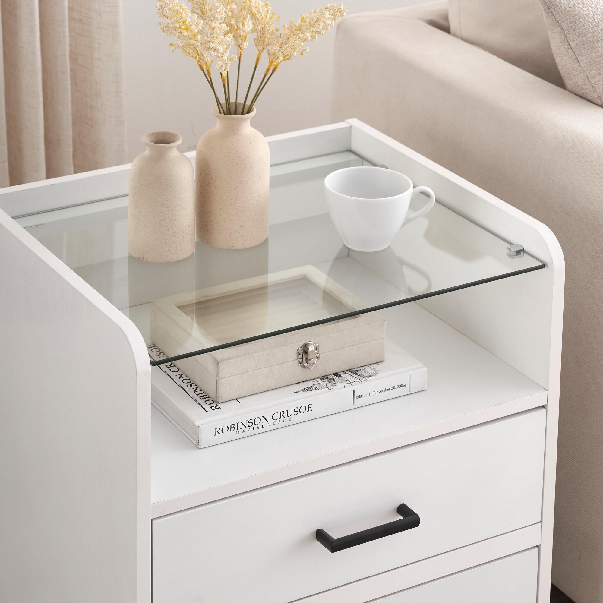 LED Nightstand With 2 Drawers, Modern Bedside Table With LED Light and Glass Top