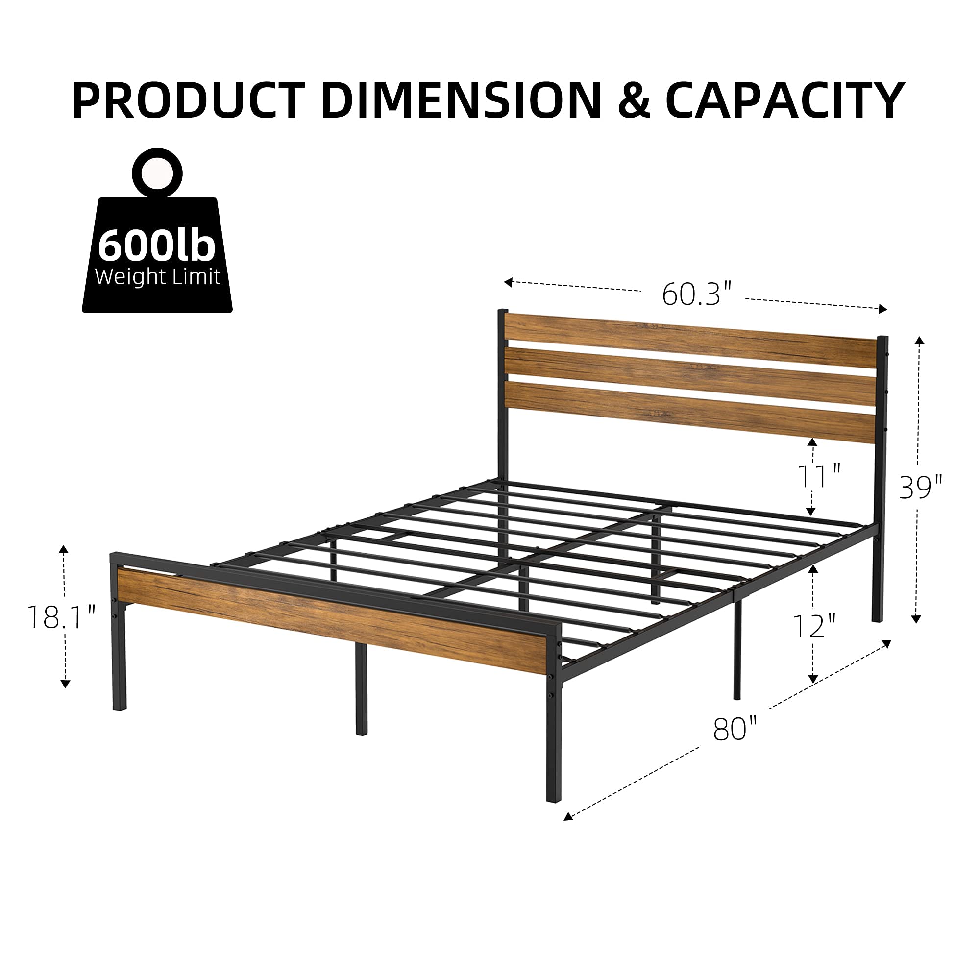 Twin/Full/Queen Metal Platform Bed Frame with Wooden Headboard Vintage Style