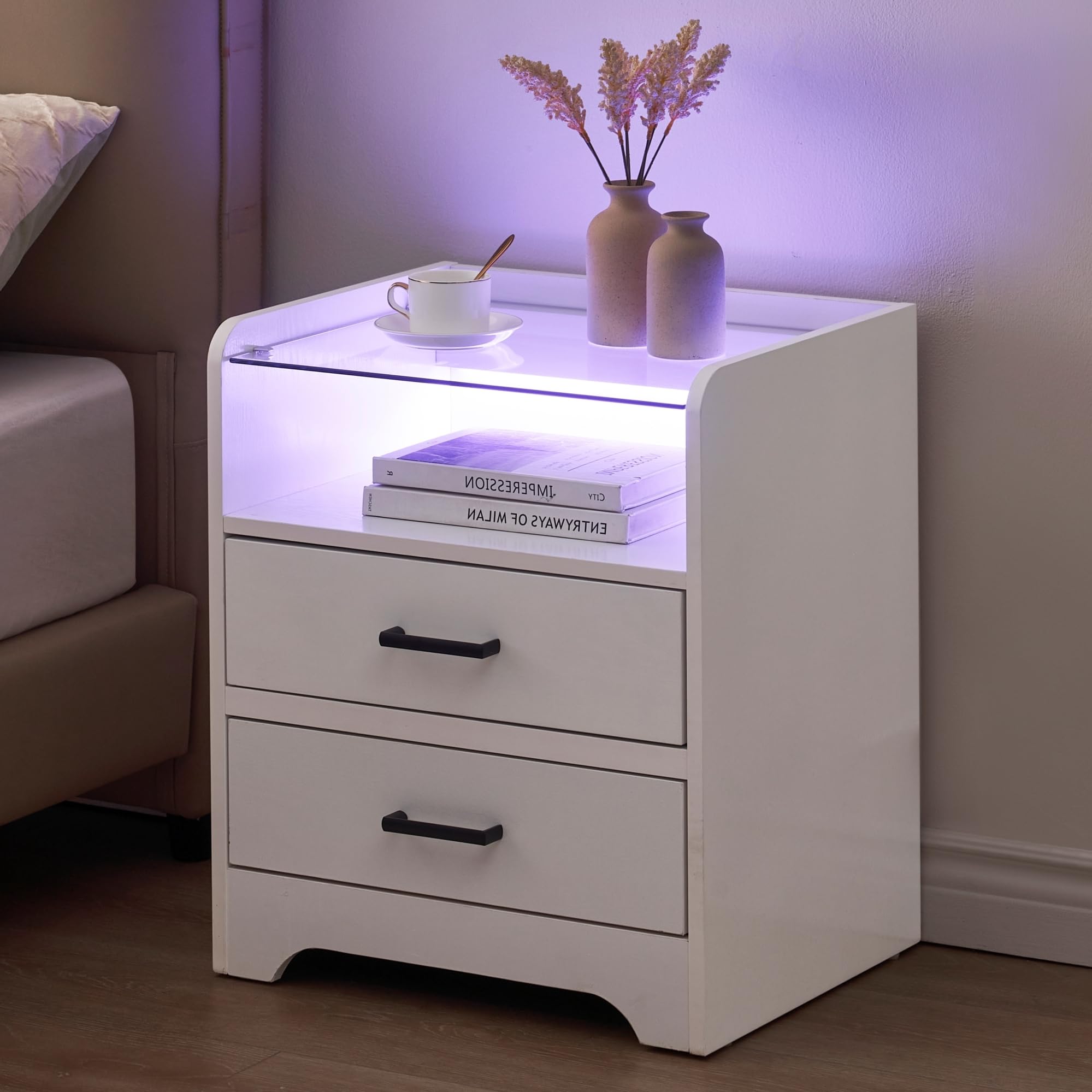 LED Nightstand With 2 Drawers, Modern Bedside Table With LED Light and Glass Top