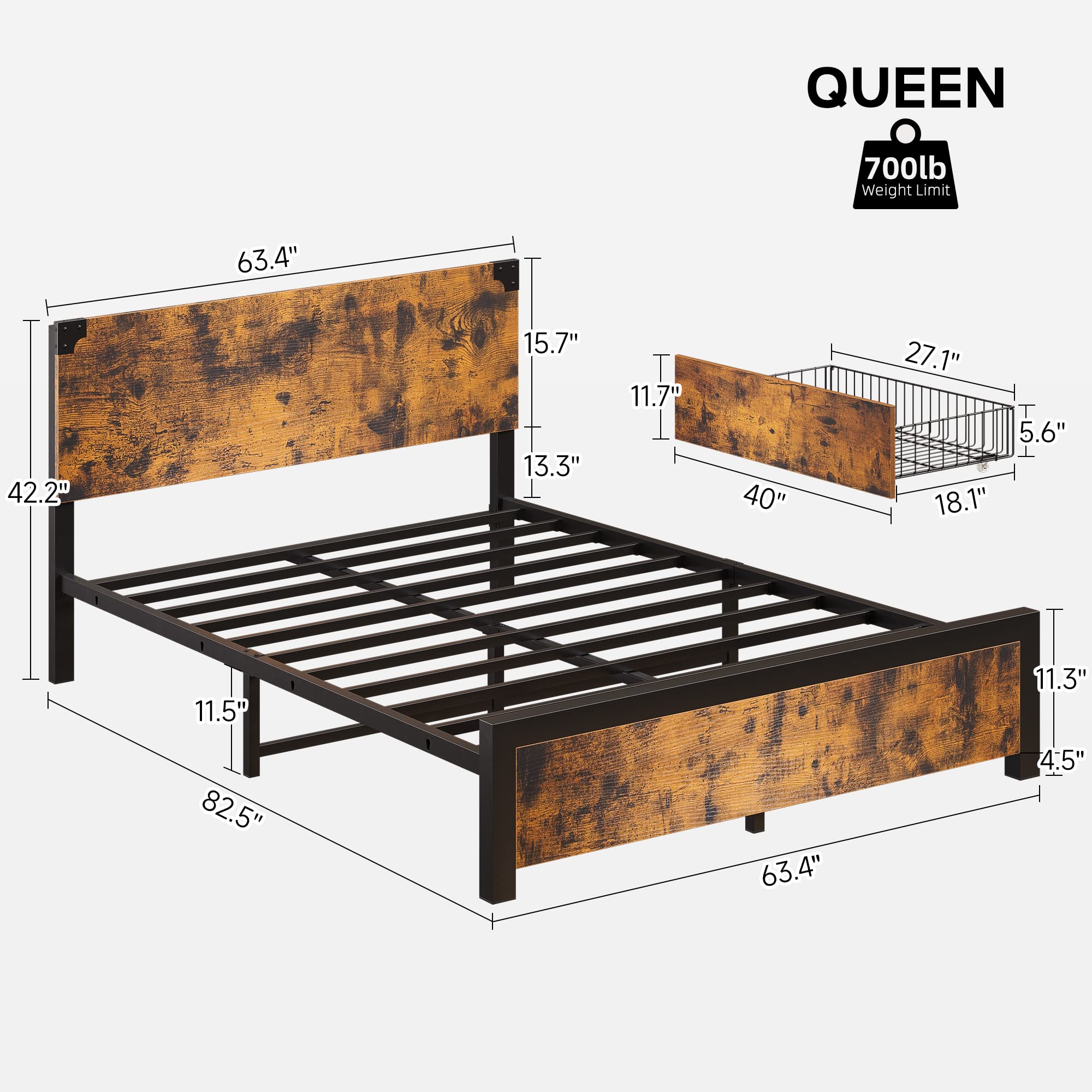 Full/Queen Size Bed Frame Metal Platform with 4 Storage Drawers and Headboard