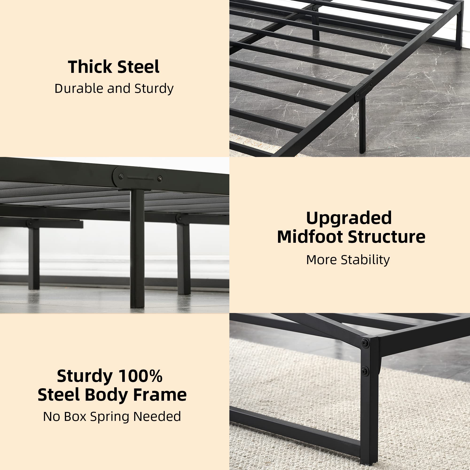 Black/White 6/10 Inch H Metal Bed Frame with Slat Support Mattress Foundation   