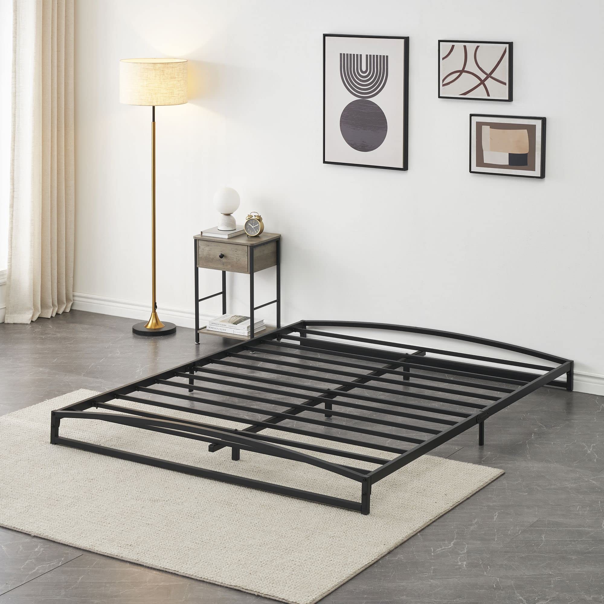 Black/White 6/10 Inch H Metal Bed Frame with Slat Support Mattress Foundation   