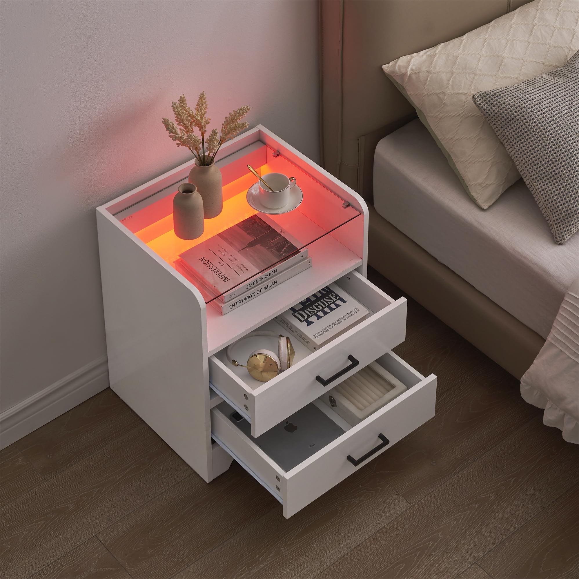 LED Nightstand With 2 Drawers, Modern Bedside Table With LED Light and Glass Top