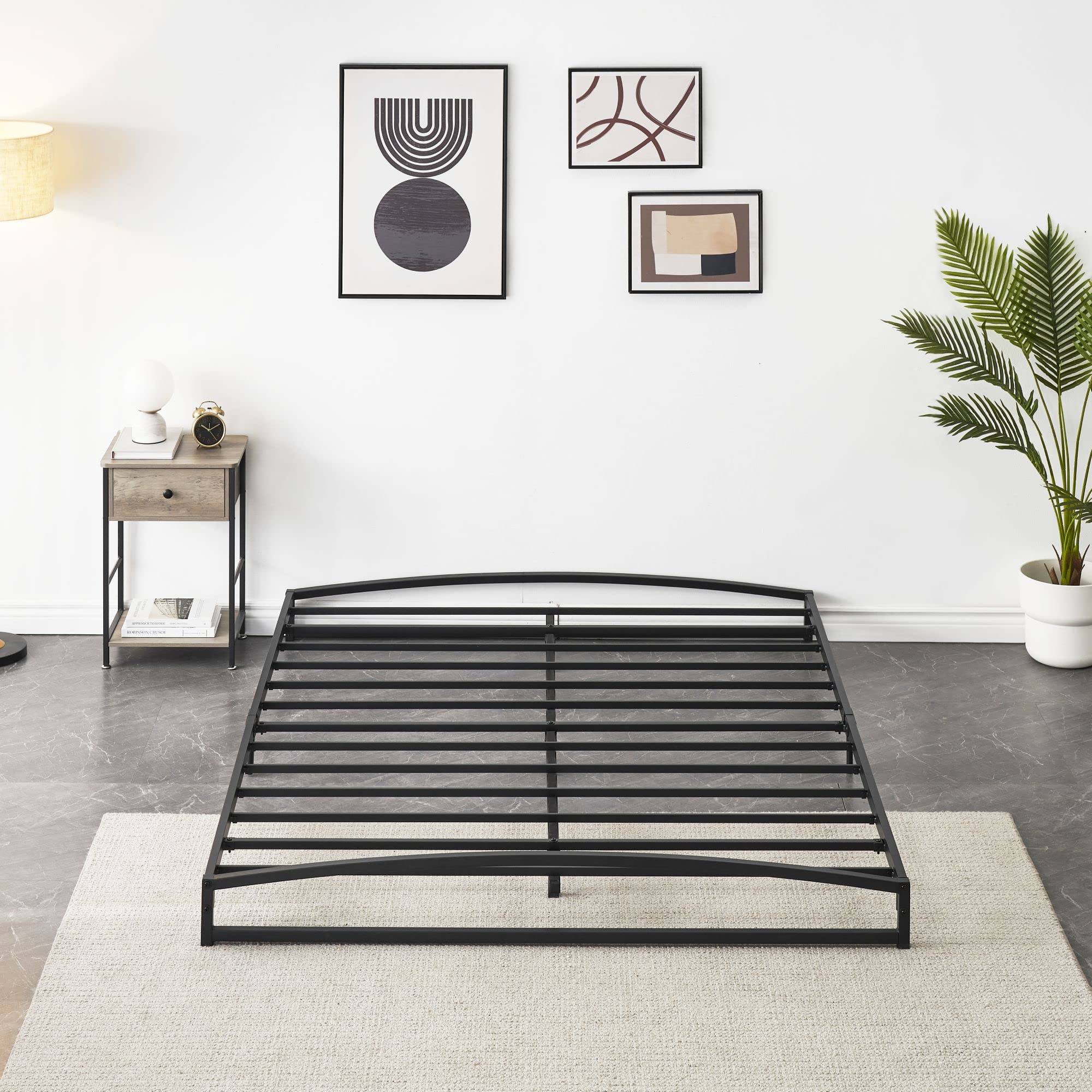 Black/White 6/10 Inch H Metal Bed Frame with Slat Support Mattress Foundation   