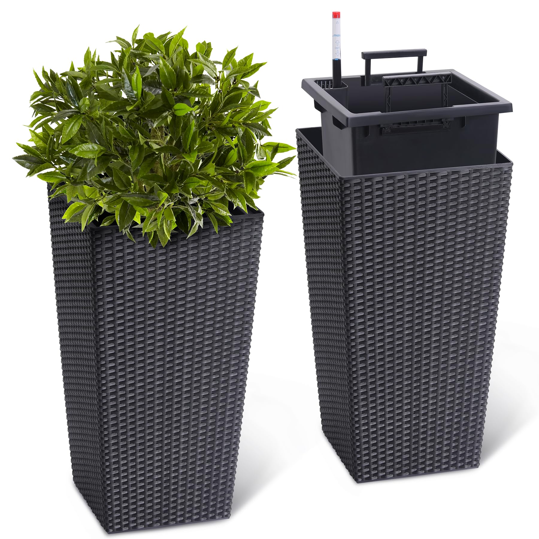 Tall Wicker Planter + Self-Watering Technology Smart Water Gauge Easy Mobility
