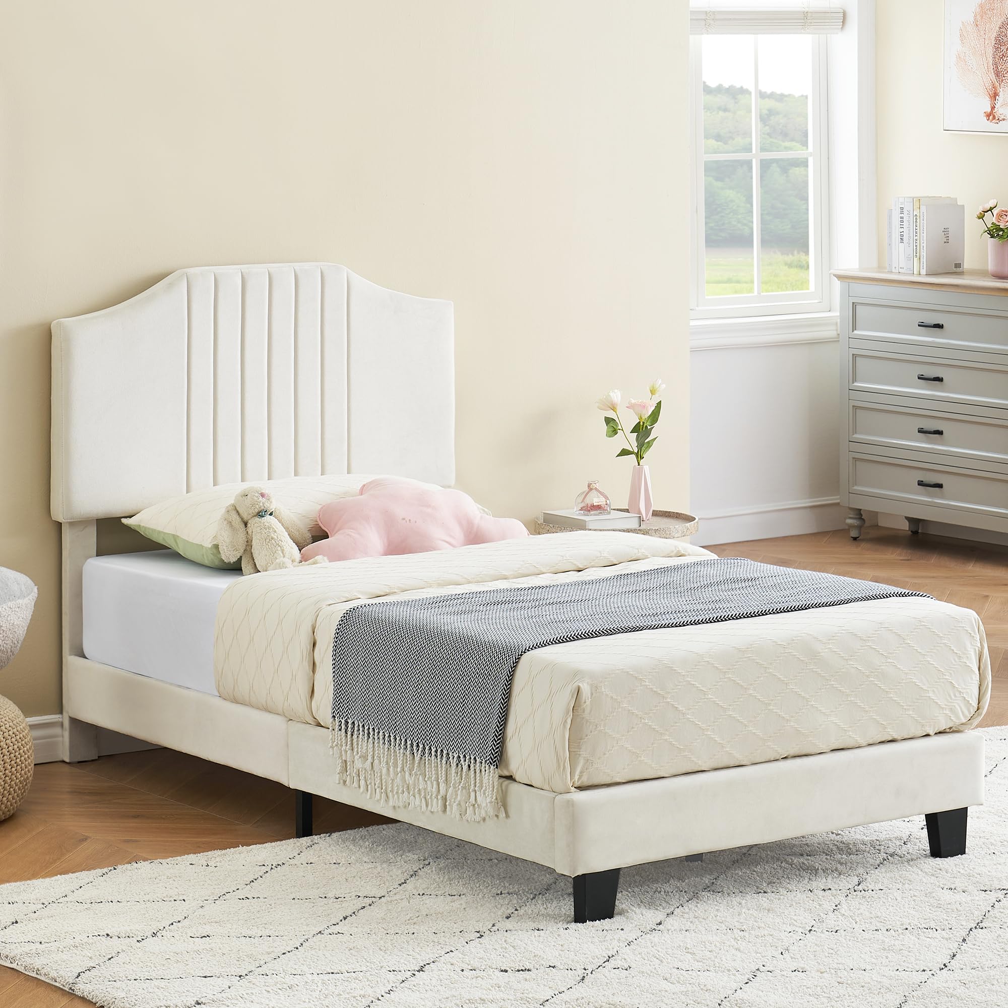 Velvet Upholstered Twin Bed Frame with Sturdy Headboard and Solid Support-image