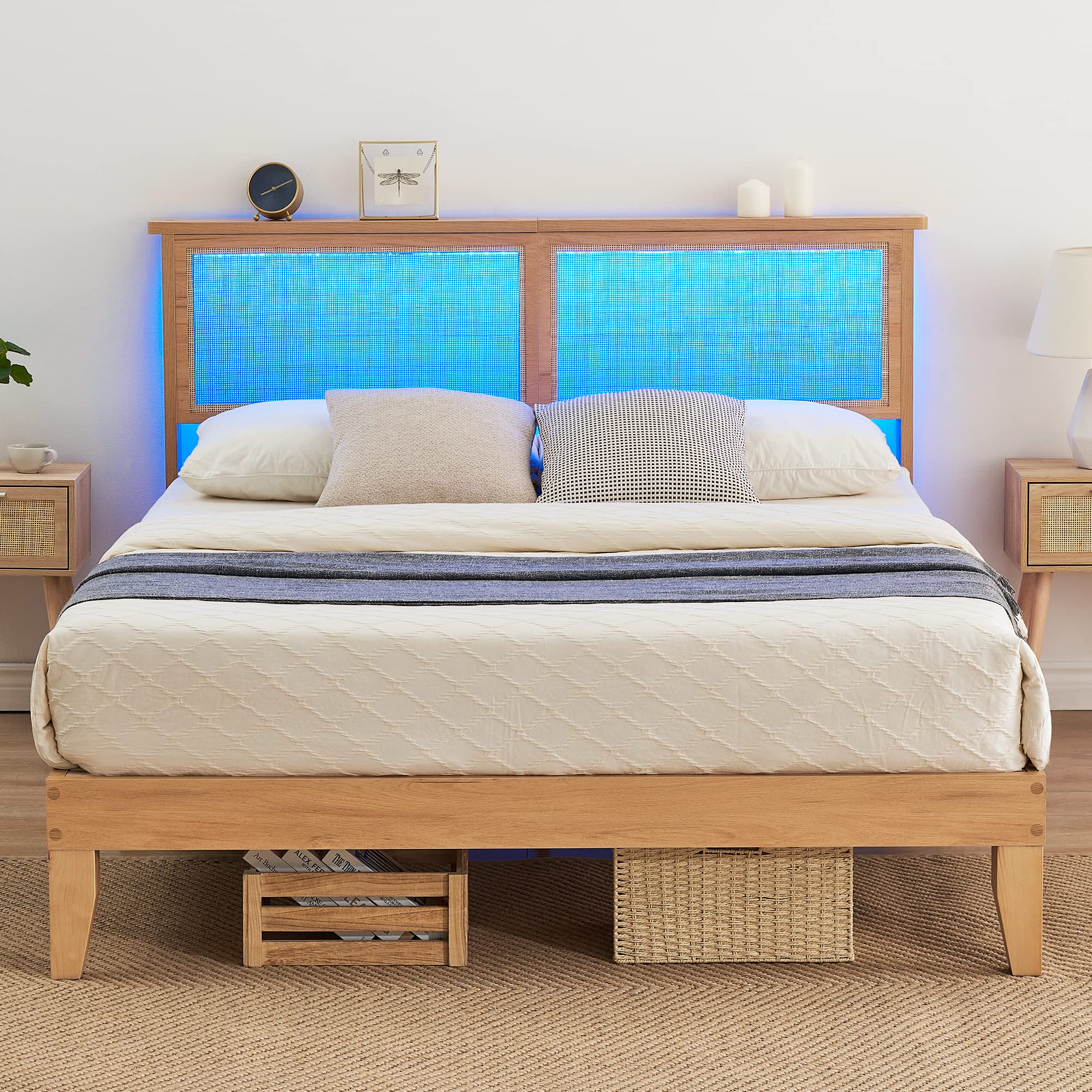 Full/Queen Bed Frame With Natural Rattan Storage Headboard, Platform Bed Frame