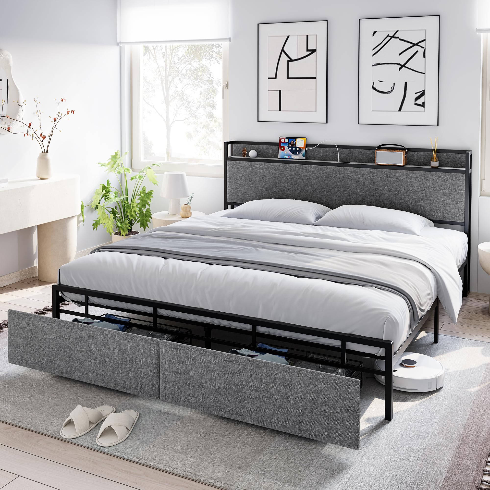 Bed Frame With Headboard and Storage, Drawers Platform Bed Frames With Outlets